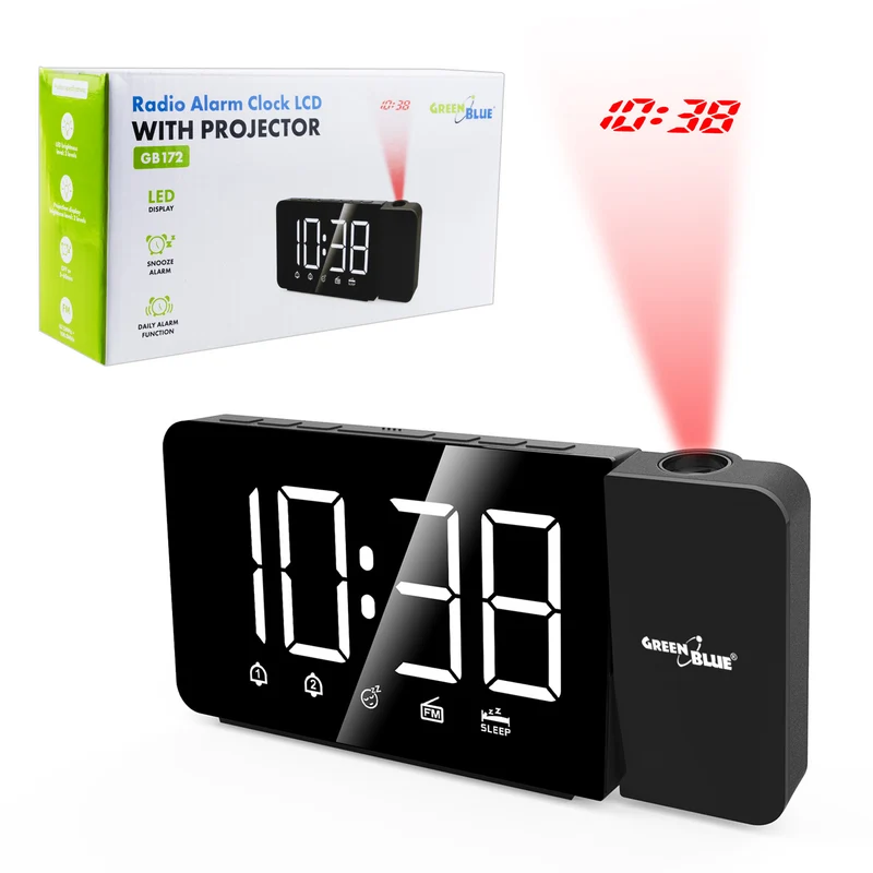 Digital LED-radioväckarklocka med GreenBlue-projektor, FM-radio, alarm, 12/24-timmars klocka, strömförsörjning USB 5V DC + CR2032, GB172