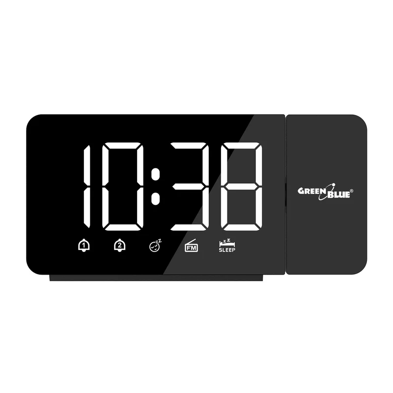 Digital LED-radioväckarklocka med GreenBlue-projektor, FM-radio, alarm, 12/24-timmars klocka, strömförsörjning USB 5V DC + CR2032, GB172