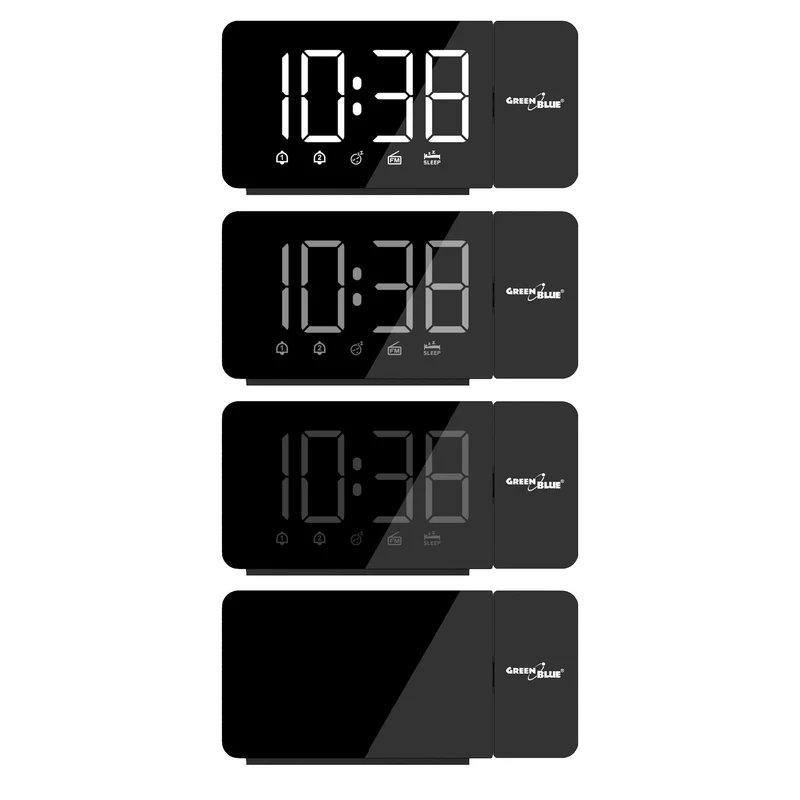 Digital LED-radioväckarklocka med GreenBlue-projektor, FM-radio, alarm, 12/24-timmars klocka, strömförsörjning USB 5V DC + CR2032, GB172