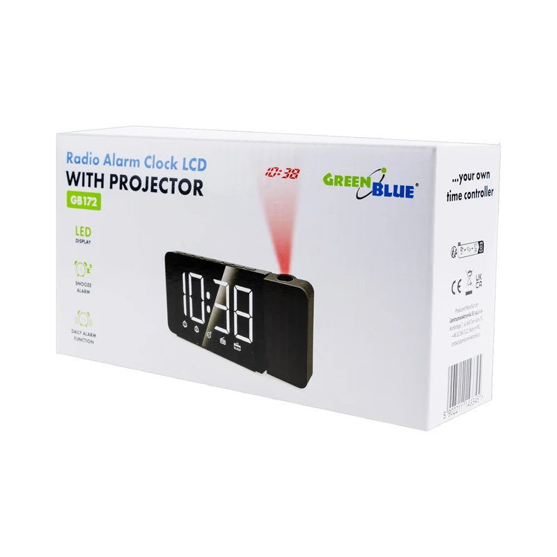 Digital LED-radioväckarklocka med GreenBlue-projektor, FM-radio, alarm, 12/24-timmars klocka, strömförsörjning USB 5V DC + CR2032, GB172