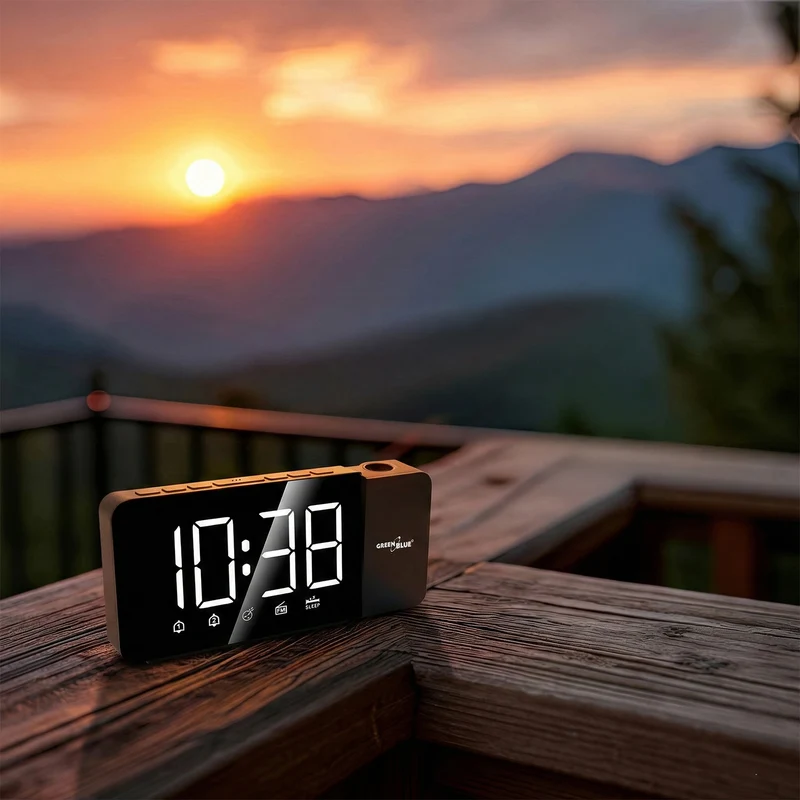 Digital LED-radioväckarklocka med GreenBlue-projektor, FM-radio, alarm, 12/24-timmars klocka, strömförsörjning USB 5V DC + CR2032, GB172