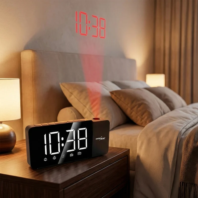Digital LED-radioväckarklocka med GreenBlue-projektor, FM-radio, alarm, 12/24-timmars klocka, strömförsörjning USB 5V DC + CR2032, GB172