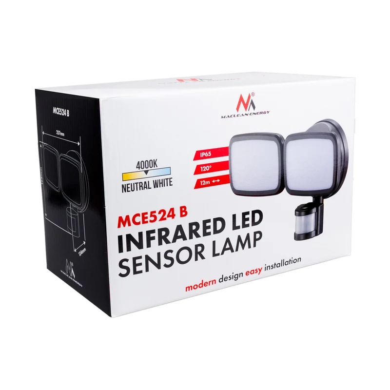 Maclean LED-vägglampa, med PIR-sensor, 20 W, 1500 lm, IP65, neutralvit 4000 K, svart, MCE524 B
