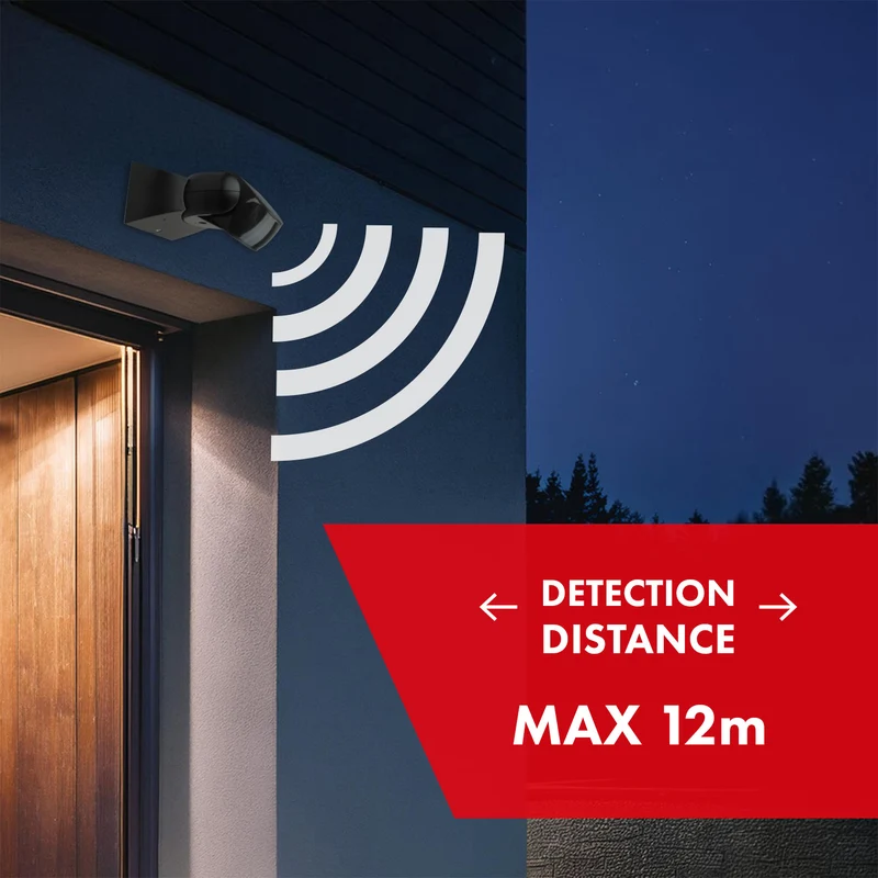 Maclean PIR-rörelsesensor, infraröd, IP65, svart med svart skärm, räckvidd 12 m, MCE201 B/B