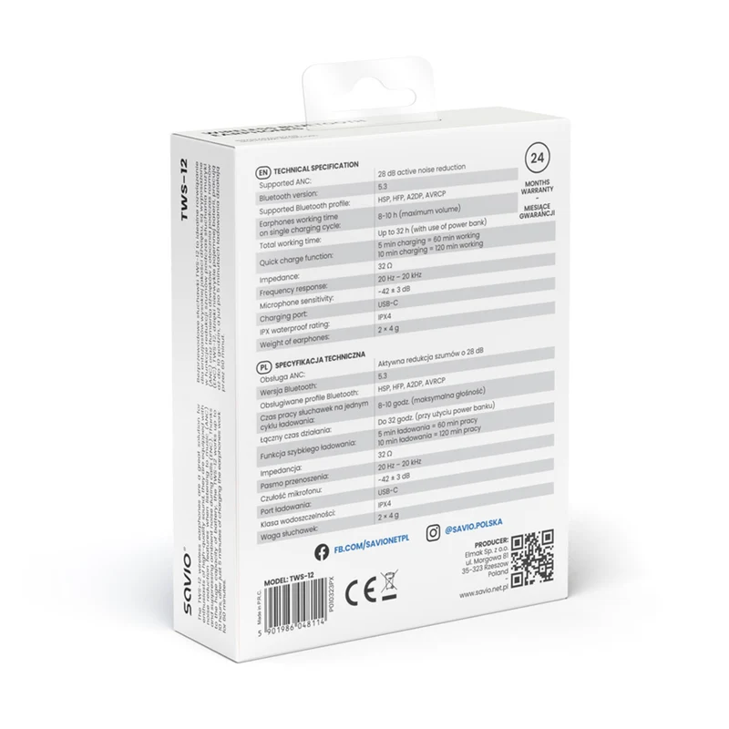 Savio trådlösa hörlurar, Bluetooth 5.3, ANC, USB-C, svart