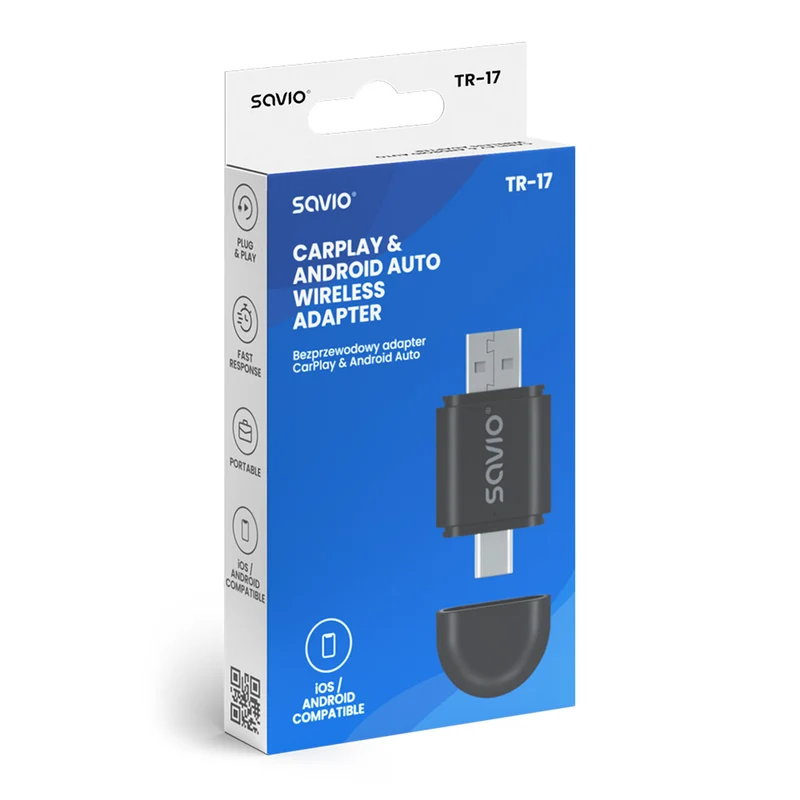Bezprzewodowy adapter Savio, CarPlay, Android Auto, Bluetooth, Wi-Fi, SAVTR-17