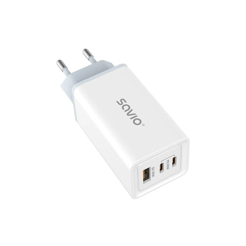 Savio nätladdare, 1x USB-A, 2x USB-C, GaN, 65W, vit, SAVLA-07