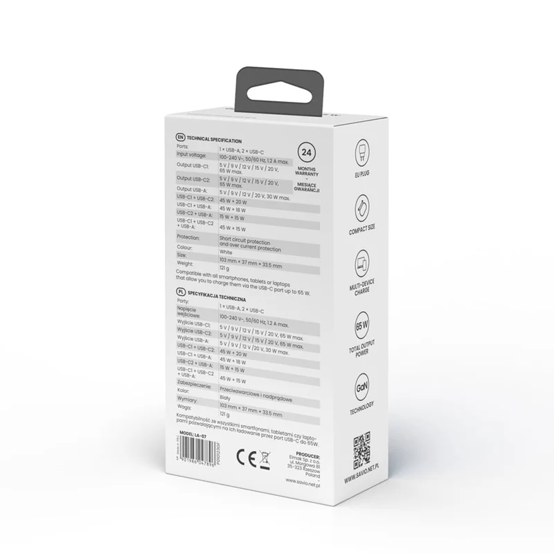Savio nätladdare, 1x USB-A, 2x USB-C, GaN, 65W, vit, SAVLA-07