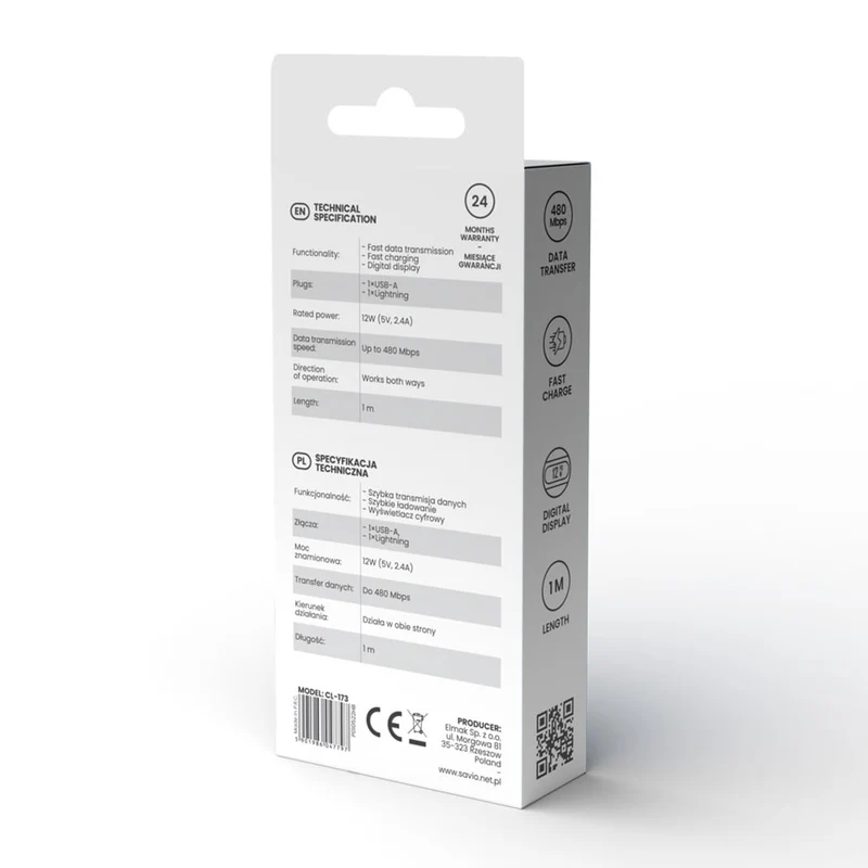 USB till Lightning Savio-kabel, digital display, längd 1m, SAVKABELCL-173