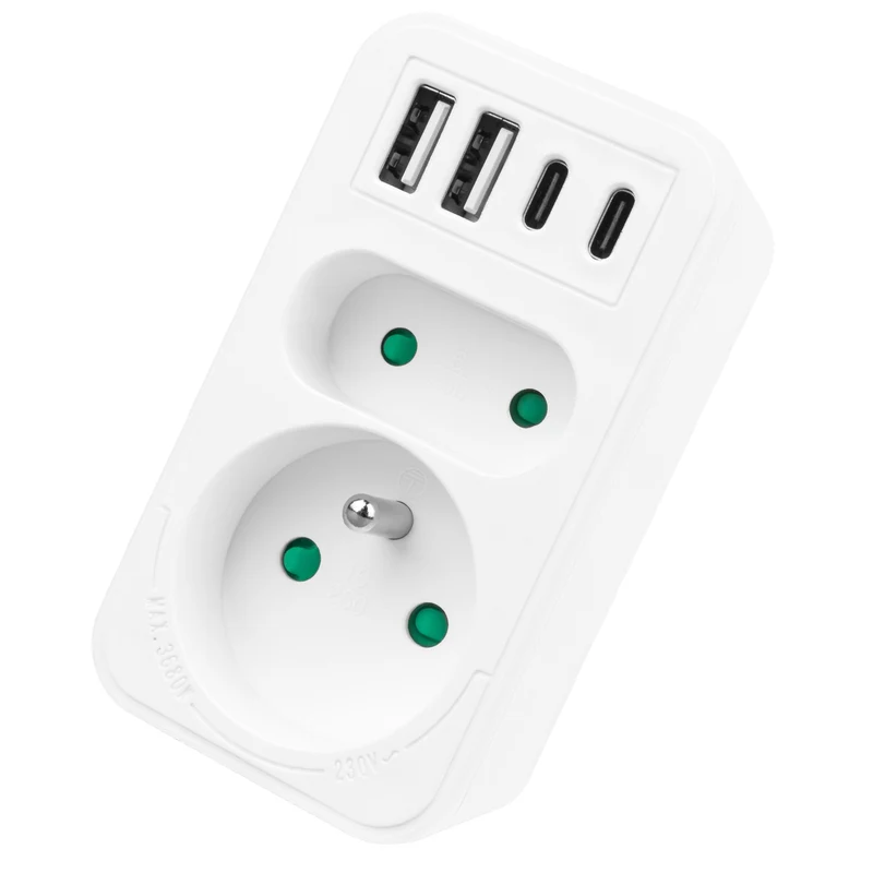Maclean strömuttag x2 + 4xUSB, splitter med 2 uttag, 2xUSB A, 2xUSB C PD 20W, 1x16A + 1x6A, MCE249 F/W, 2 st