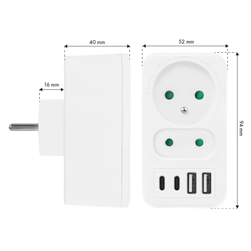 Maclean strömuttag x2 + 4xUSB, splitter med 2 uttag, 2xUSB A, 2xUSB C PD 20W, 1x16A + 1x6A, MCE249 F/W, 3 st