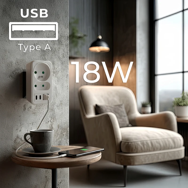Maclean strömuttag x2 + 4xUSB, splitter med 2 uttag, 2xUSB A, 2xUSB C PD 20W, 1x16A + 1x6A, MCE249 F/W, 3 st