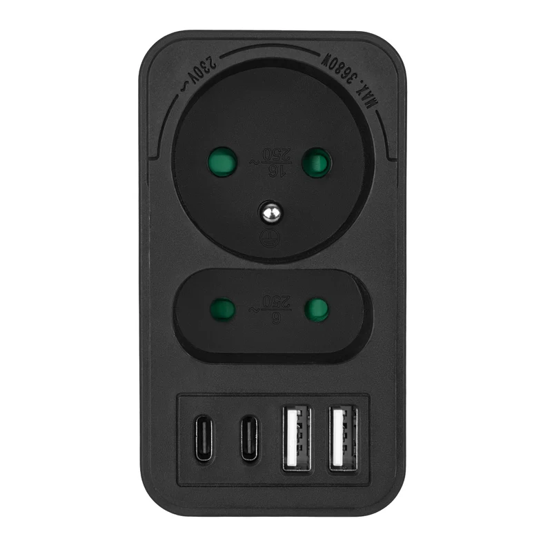 Maclean strömuttag x2 + 4xUSB, splitter med 2 uttag, 2xUSB A, 2xUSB C PD 20W, 1x16A + 1x6A, MCE249 F/B, 2 st