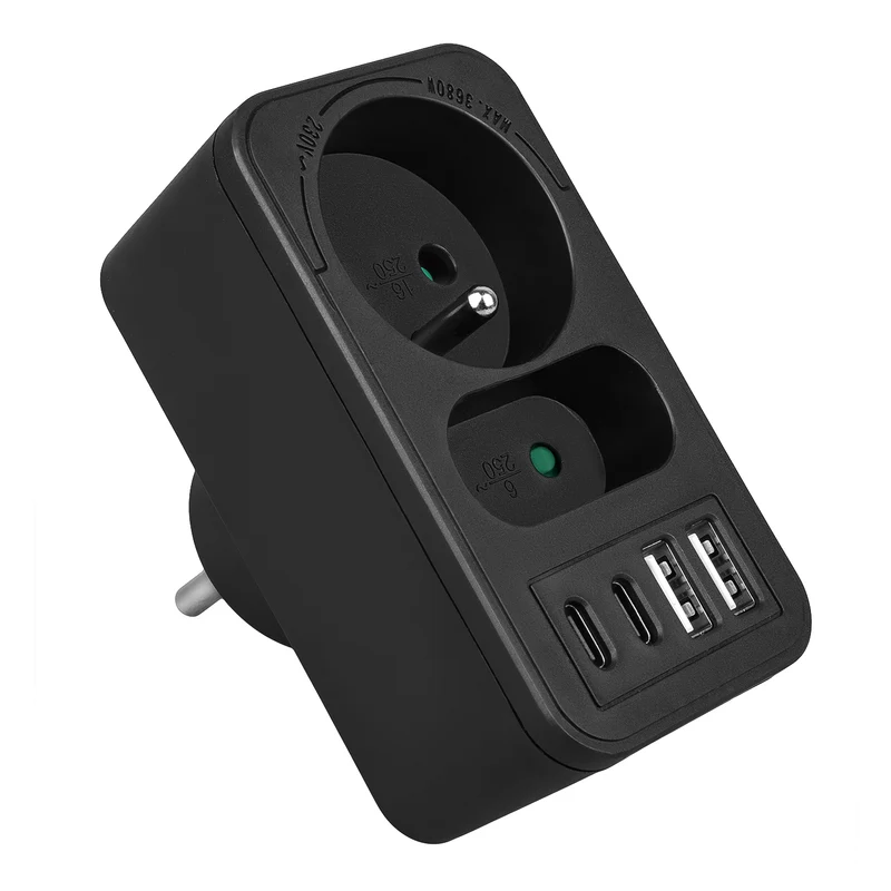 Maclean strömuttag x2 + 4xUSB, splitter med 2 uttag, 2xUSB A, 2xUSB C PD 20W, 1x16A + 1x6A, MCE249 F/B, 3 st