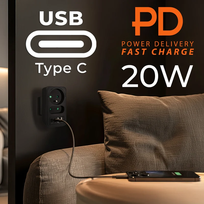 Maclean strömuttag x2 + 4xUSB, splitter med 2 uttag, 2xUSB A, 2xUSB C PD 20W, 1x16A + 1x6A, MCE249 F/B, 3 st