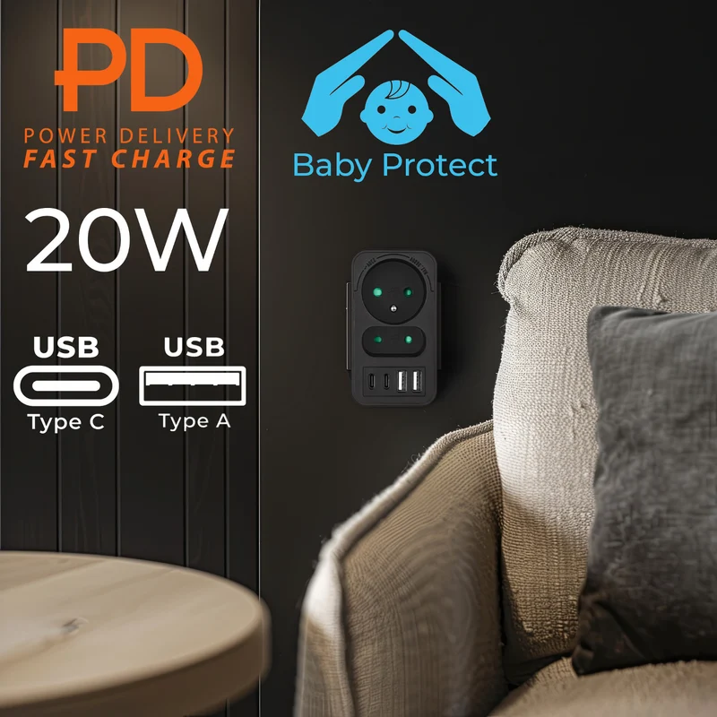 Maclean strömuttag x2 + 4xUSB, splitter med 2 uttag, 2xUSB A, 2xUSB C PD 20W, 1x16A + 1x6A, MCE249 F/B, 3 st