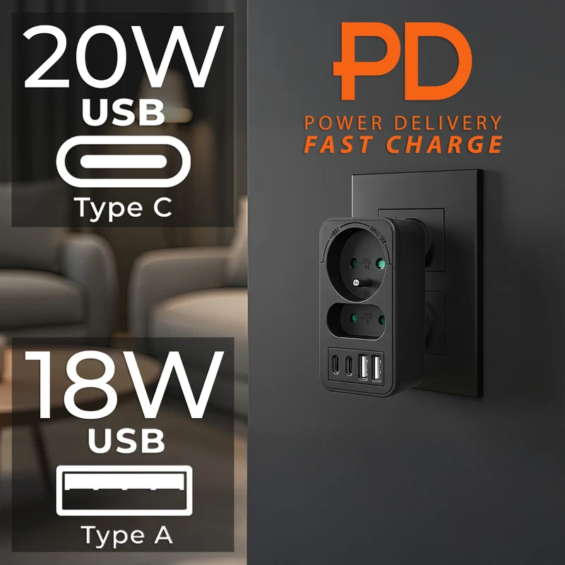 Maclean strömuttag x2 + 4xUSB, splitter med 2 uttag, 2xUSB A, 2xUSB C PD 20W, 1x16A + 1x6A, MCE249 F/B, 3 st
