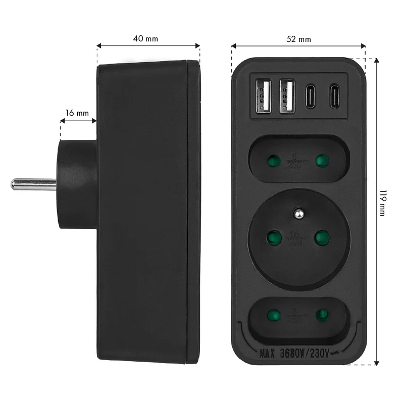 Strömuttag x3 + 4xUSB Maclean, 3-facks splitter, 2xUSB A, 2xUSB C PD 20W, 1x16A + 2x6A, MCE248 F/B, 2 st