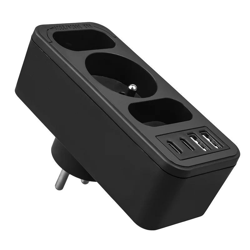 Strömuttag x3 + 4xUSB Maclean, 3-facks splitter, 2xUSB A, 2xUSB C PD 20W, 1x16A + 2x6A, MCE248 F/B, 3 st