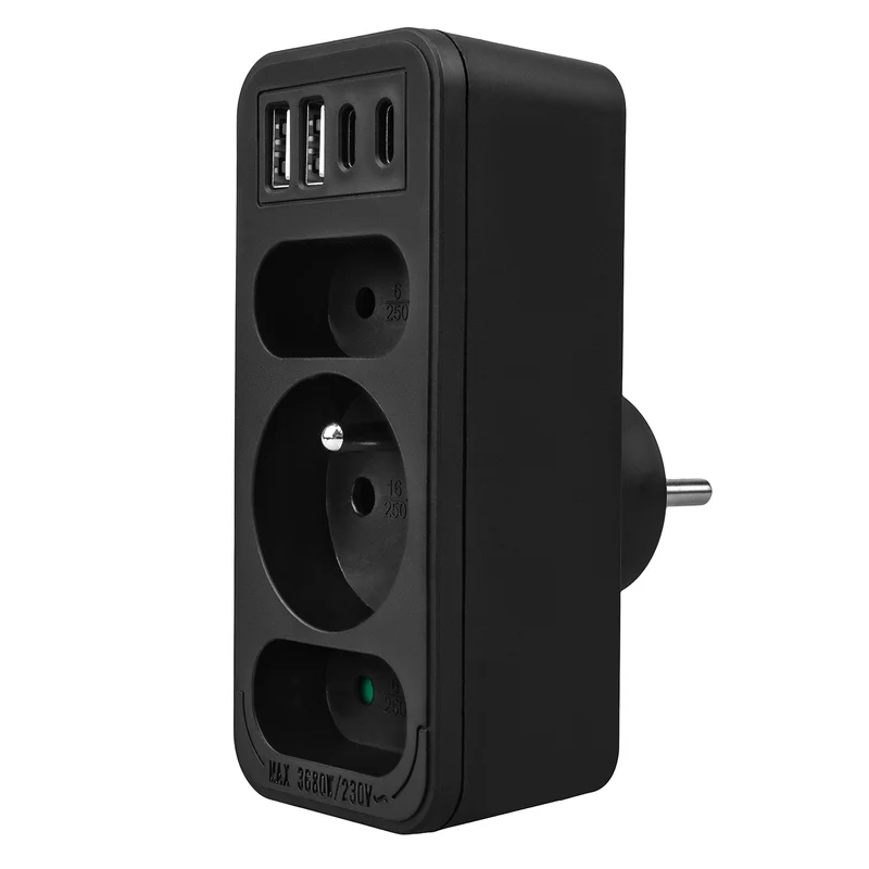 Strömuttag x3 + 4xUSB Maclean, 3-facks splitter, 2xUSB A, 2xUSB C PD 20W, 1x16A + 2x6A, MCE248 F/B, 3 st