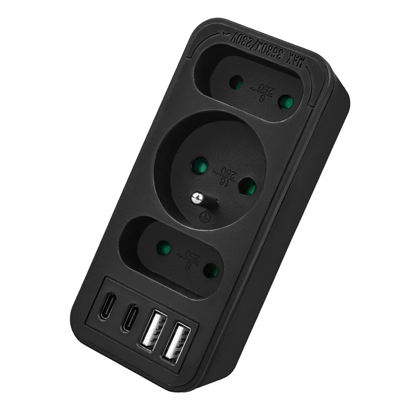 Strömuttag x3 + 4xUSB Maclean, 3-facks splitter, 2xUSB A, 2xUSB C PD 20W, 1x16A + 2x6A, MCE248 F/B, 3 st