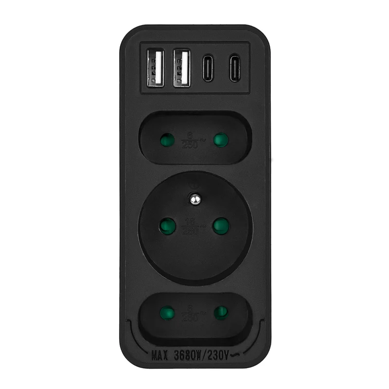 Strömuttag x3 + 4xUSB Maclean, 3-facks splitter, 2xUSB A, 2xUSB C PD 20W, 1x16A + 2x6A, MCE248 F/B, 3 st