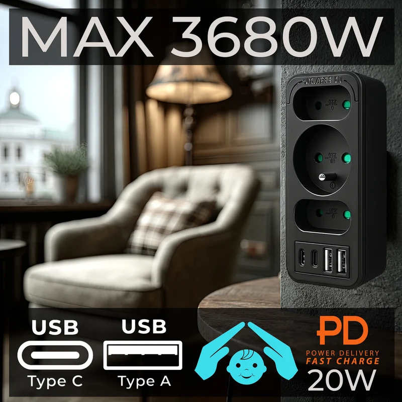 Strömuttag x3 + 4xUSB Maclean, 3-facks splitter, 2xUSB A, 2xUSB C PD 20W, 1x16A + 2x6A, MCE248 F/B, 3 st