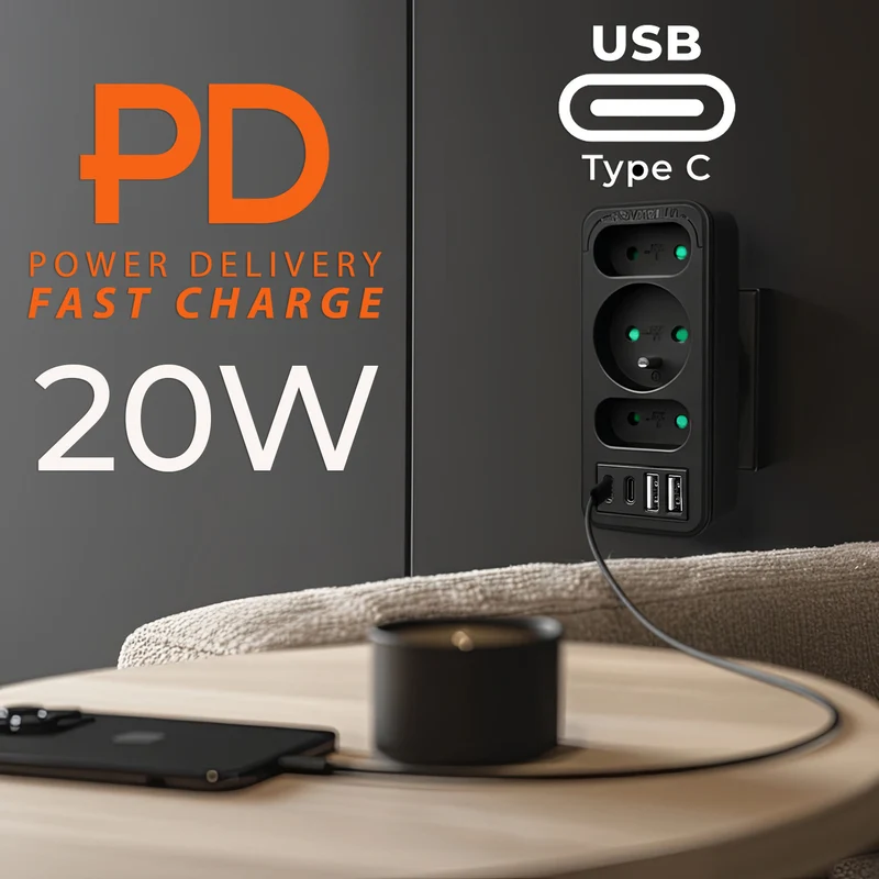 Strömuttag x3 + 4xUSB Maclean, 3-facks splitter, 2xUSB A, 2xUSB C PD 20W, 1x16A + 2x6A, MCE248 F/B, 3 st