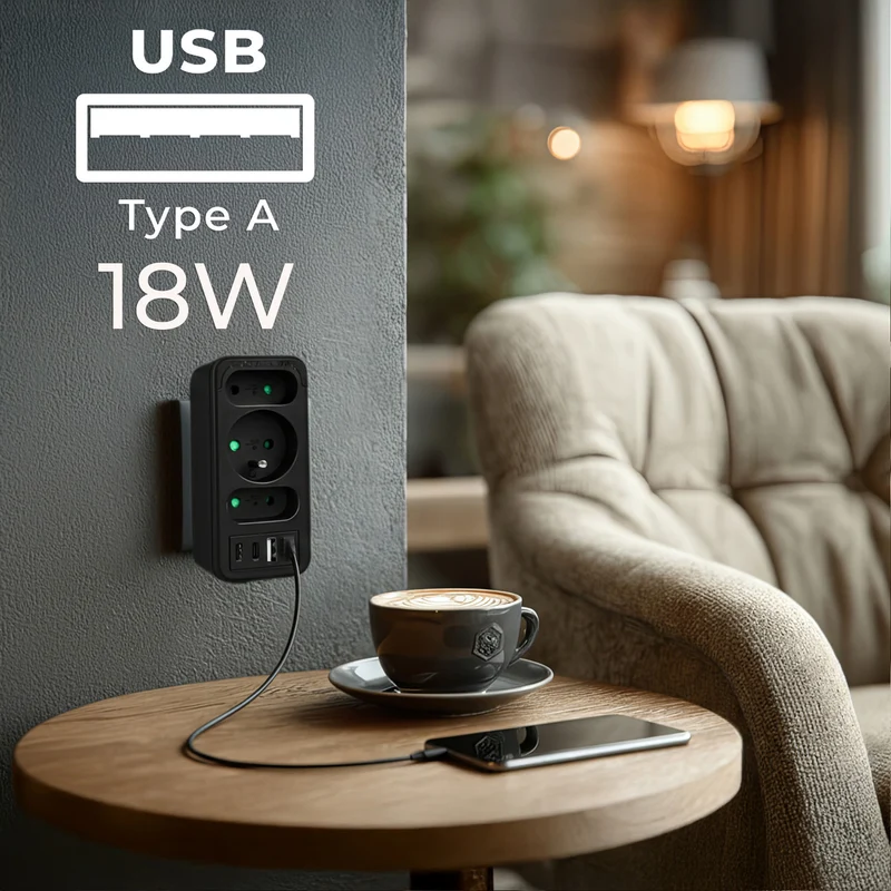 Strömuttag x3 + 4xUSB Maclean, 3-facks splitter, 2xUSB A, 2xUSB C PD 20W, 1x16A + 2x6A, MCE248 F/B, 3 st