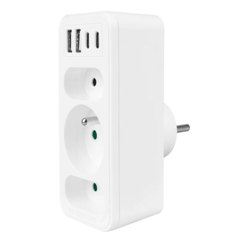 Strömuttag x3 + 4xUSB Maclean, 3-facks splitter, 2xUSB A, 2xUSB C PD 20W, 1x16A + 2x6A, MCE248 F/W, 2 st