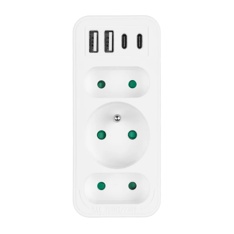 Strömuttag x3 + 4xUSB Maclean, 3-facks splitter, 2xUSB A, 2xUSB C PD 20W, 1x16A + 2x6A, MCE248 F/W, 2 st