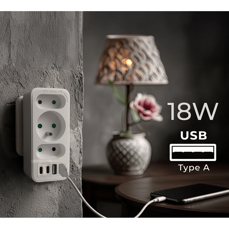 Strömuttag x3 + 4xUSB Maclean, 3-facks splitter, 2xUSB A, 2xUSB C PD 20W, 1x16A + 2x6A, MCE248 F/W, 2 st