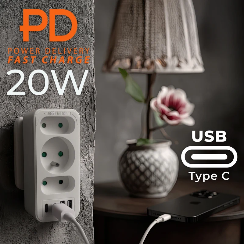 Strömuttag x3 + 4xUSB Maclean, 3-facks splitter, 2xUSB A, 2xUSB C PD 20W, 1x16A + 2x6A, MCE248 F/W, 3 st