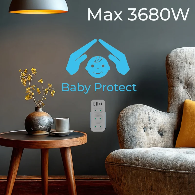 Strömuttag x3 + 4xUSB Maclean, 3-facks splitter, 2xUSB A, 2xUSB C PD 20W, 1x16A + 2x6A, MCE248 F/W, 3 st