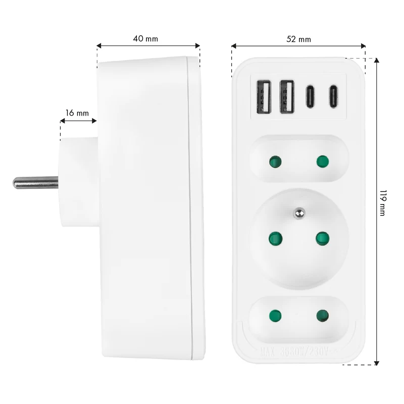 Strömuttag x3 + 4xUSB Maclean, 3-facks splitter, 2xUSB A, 2xUSB C PD 20W, 1x16A + 2x6A, MCE248 F/W