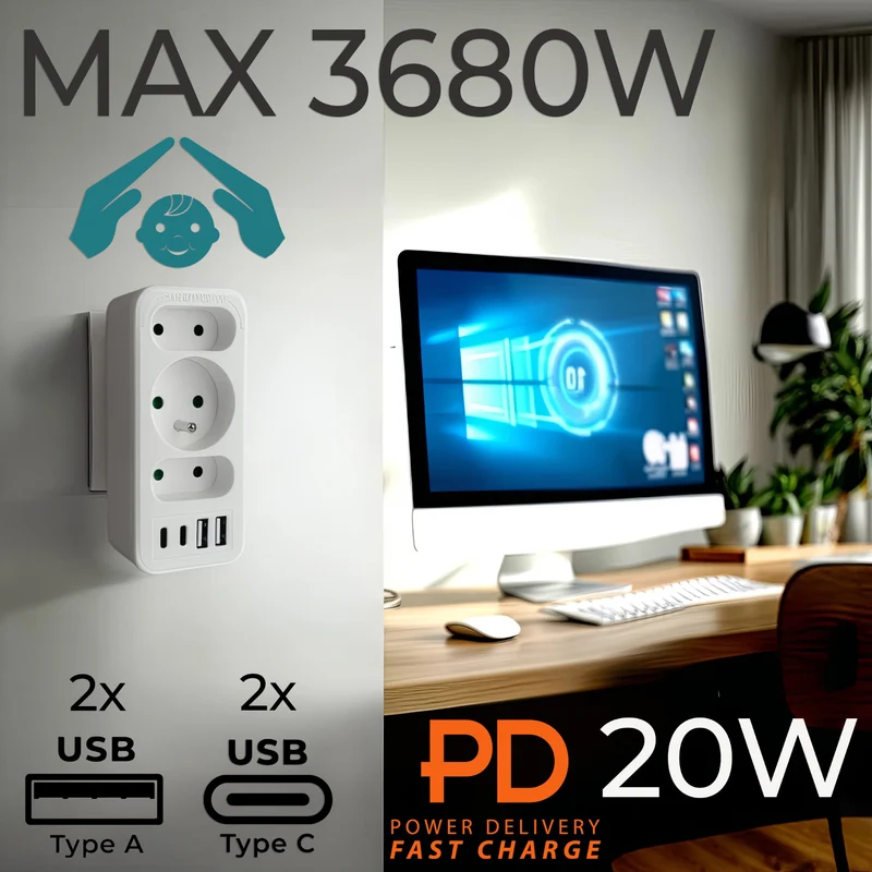 Strömuttag x3 + 4xUSB Maclean, 3-facks splitter, 2xUSB A, 2xUSB C PD 20W, 1x16A + 2x6A, MCE248 F/W