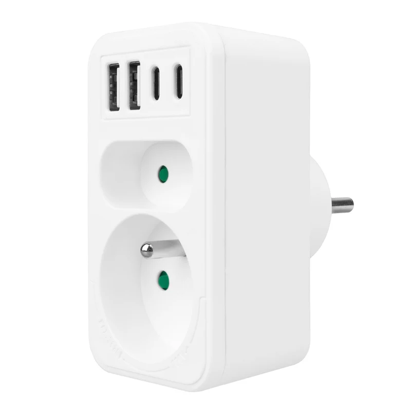 Maclean strömuttag x2 + 4xUSB, splitter med 2 uttag, 2xUSB A, 2xUSB C PD 20W, 1x16A + 1x6A, MCE249 F/W