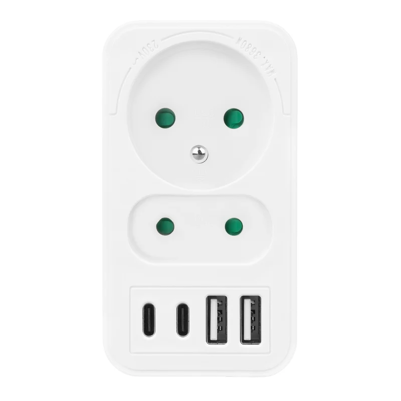 Maclean strömuttag x2 + 4xUSB, splitter med 2 uttag, 2xUSB A, 2xUSB C PD 20W, 1x16A + 1x6A, MCE249 F/W