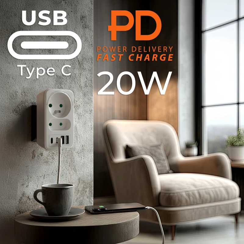 Maclean strömuttag x2 + 4xUSB, splitter med 2 uttag, 2xUSB A, 2xUSB C PD 20W, 1x16A + 1x6A, MCE249 F/W