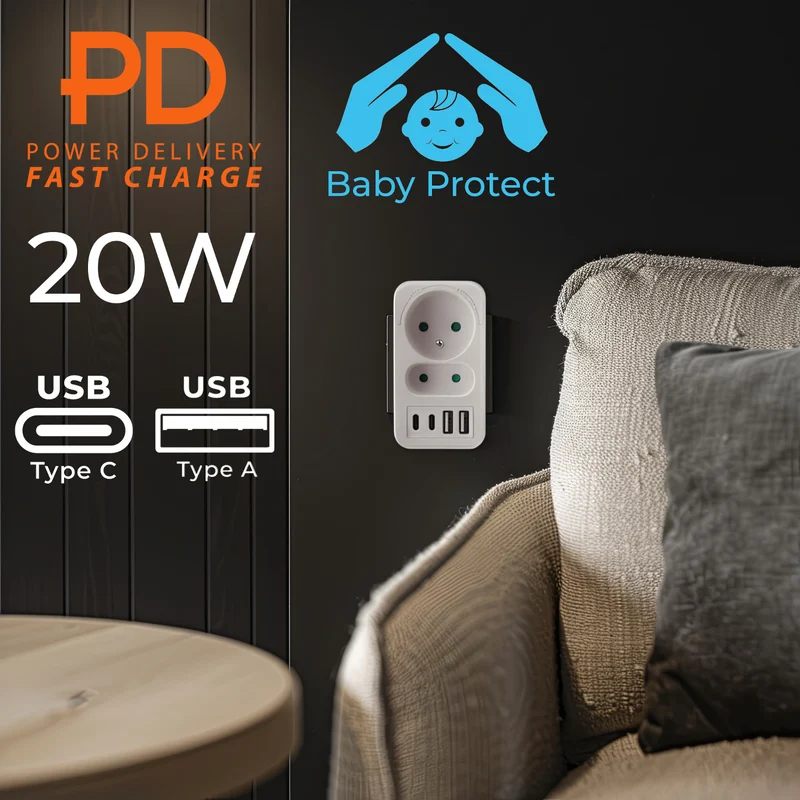 Maclean strömuttag x2 + 4xUSB, splitter med 2 uttag, 2xUSB A, 2xUSB C PD 20W, 1x16A + 1x6A, MCE249 F/W