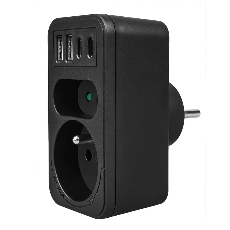 Maclean strömuttag x2 + 4xUSB, splitter med 2 uttag, 2xUSB A, 2xUSB C PD 20W, 1x16A + 1x6A, MCE249 F/B