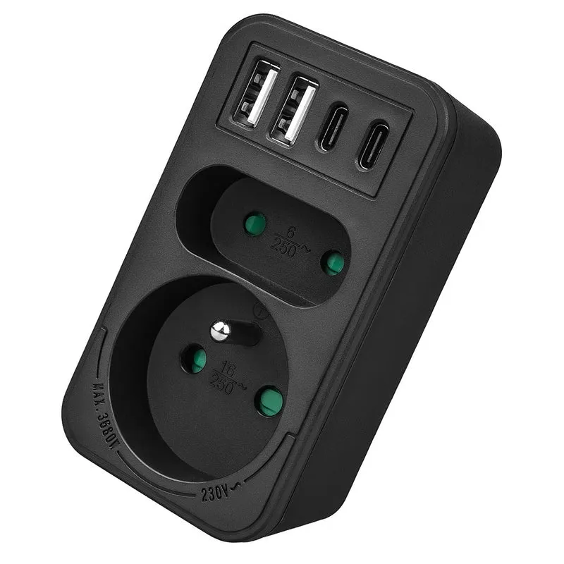 Maclean strömuttag x2 + 4xUSB, splitter med 2 uttag, 2xUSB A, 2xUSB C PD 20W, 1x16A + 1x6A, MCE249 F/B