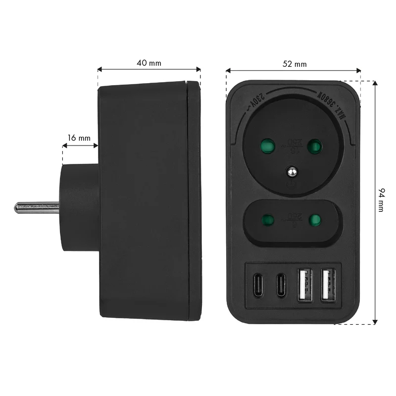 Maclean strömuttag x2 + 4xUSB, splitter med 2 uttag, 2xUSB A, 2xUSB C PD 20W, 1x16A + 1x6A, MCE249 F/B