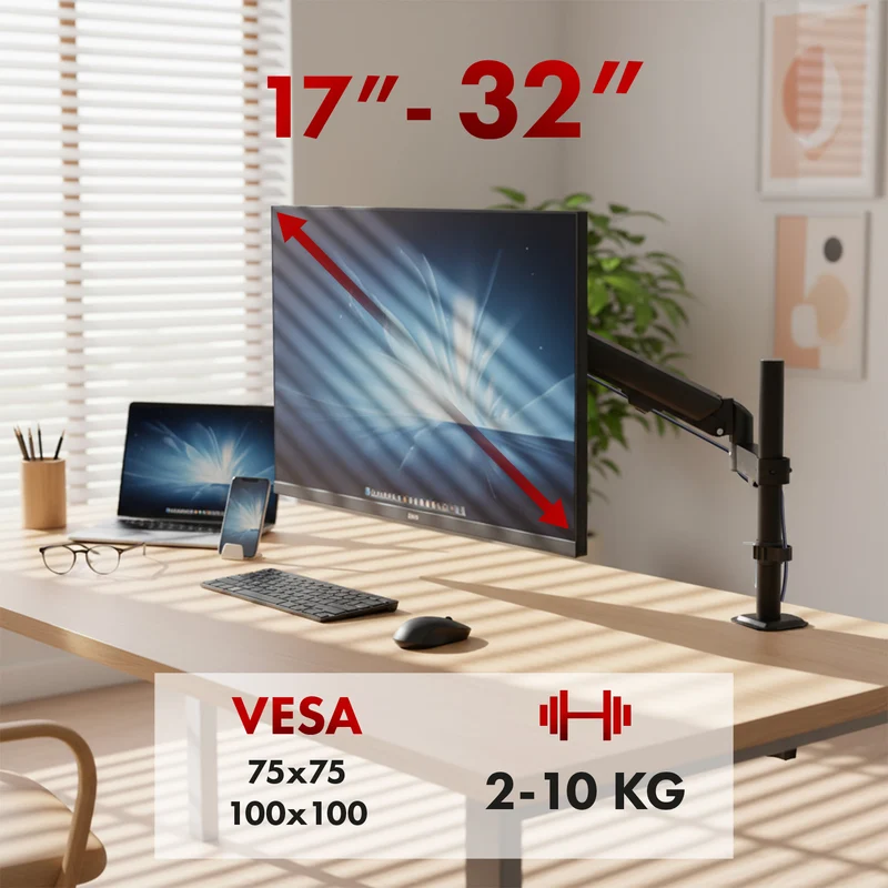Maclean monitorfäste, gasfjäder, 17"-32", 2-10kg, svart, MC-135