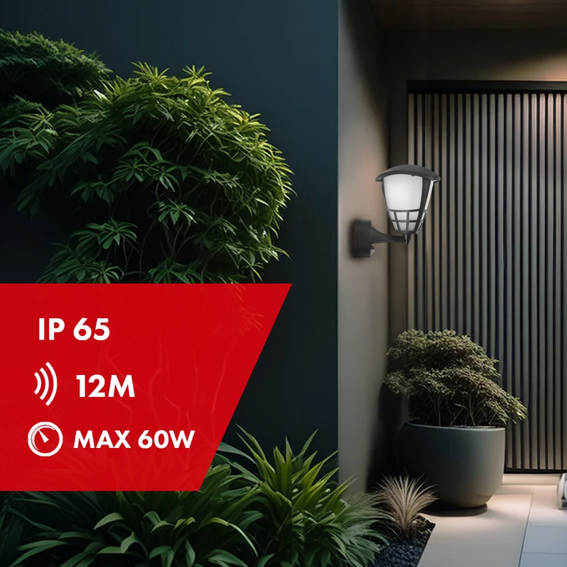 Vägglampa med sensor Maclean MCE518 B 1xE27 svart IP65 max 60W