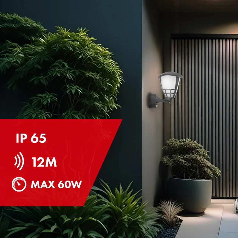 Vägglampa med sensor Maclean MCE518 GR 1xE27 grå IP65 max 60W