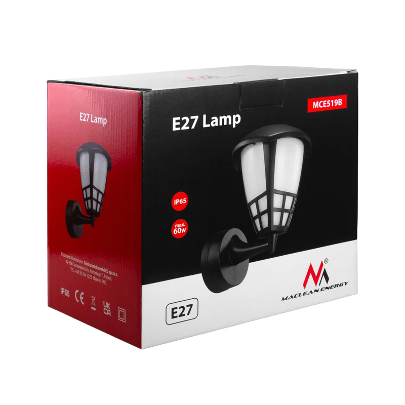 Utomhusvägglampa 1xE27 Maclean MCE519 B svart IP65 max 60W