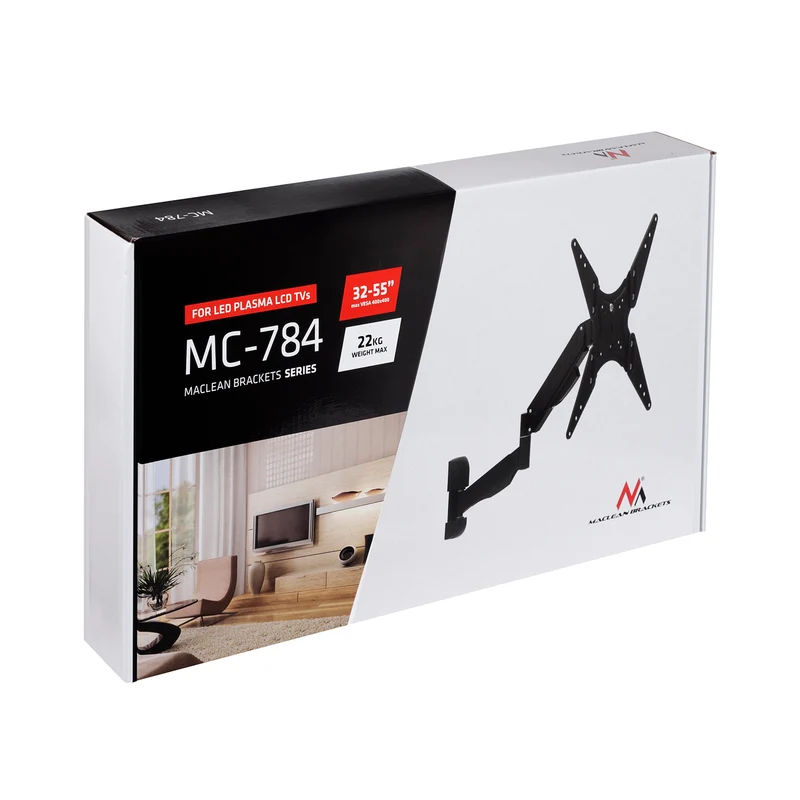 Maclean TV-fäste, för TV eller bildskärm, gasfjäder, 2 armar, höjdjustering 25cm, 32"-55", 22kg, Svart, MC-784