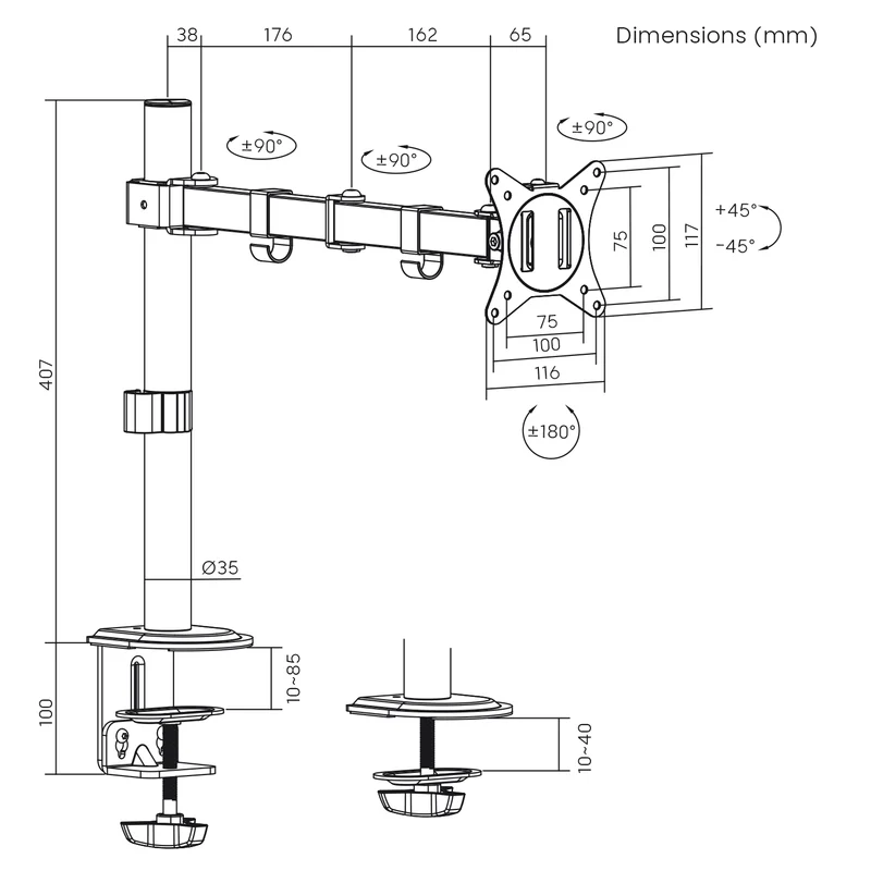 Maclean bordsfäste för LCD-skärm, 17-32", 9kg, VESA 75x75 och 100x100 dubbelarm, MC-753N