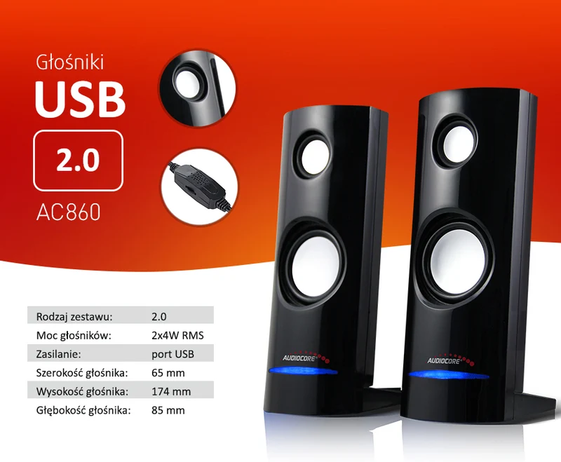 Datorhögtalare 8W USB strömförsörjning Svart Audiocore AC860